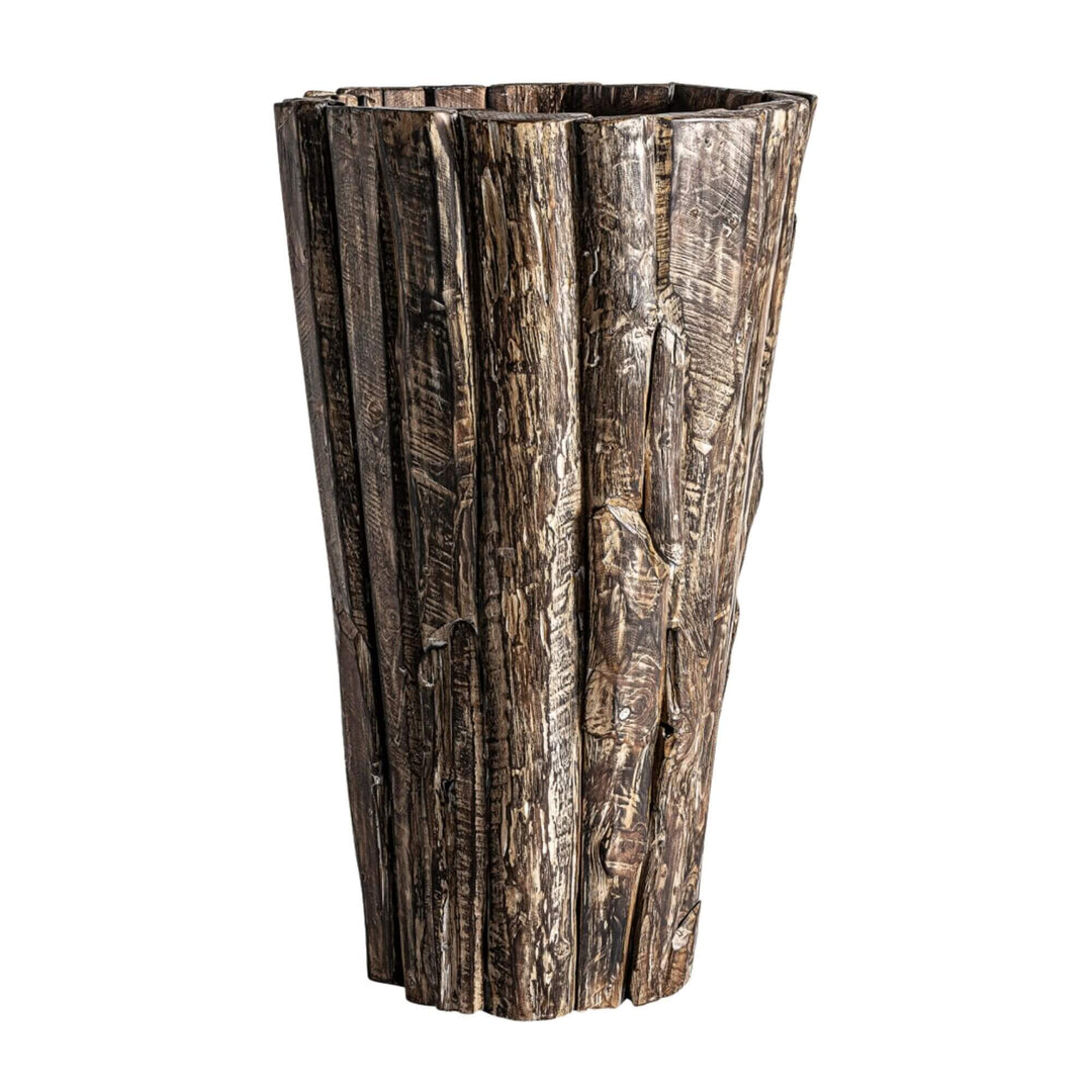 Tumayo Teak Vase made from solid reclaimed teak with natural dark wood finish.
