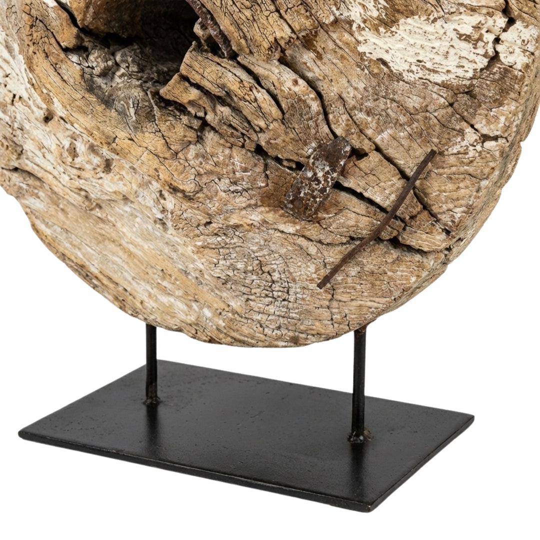 Close-up detail of Tumbril Wheel Stand revealing natural cracks, grain, and aged wood texture.