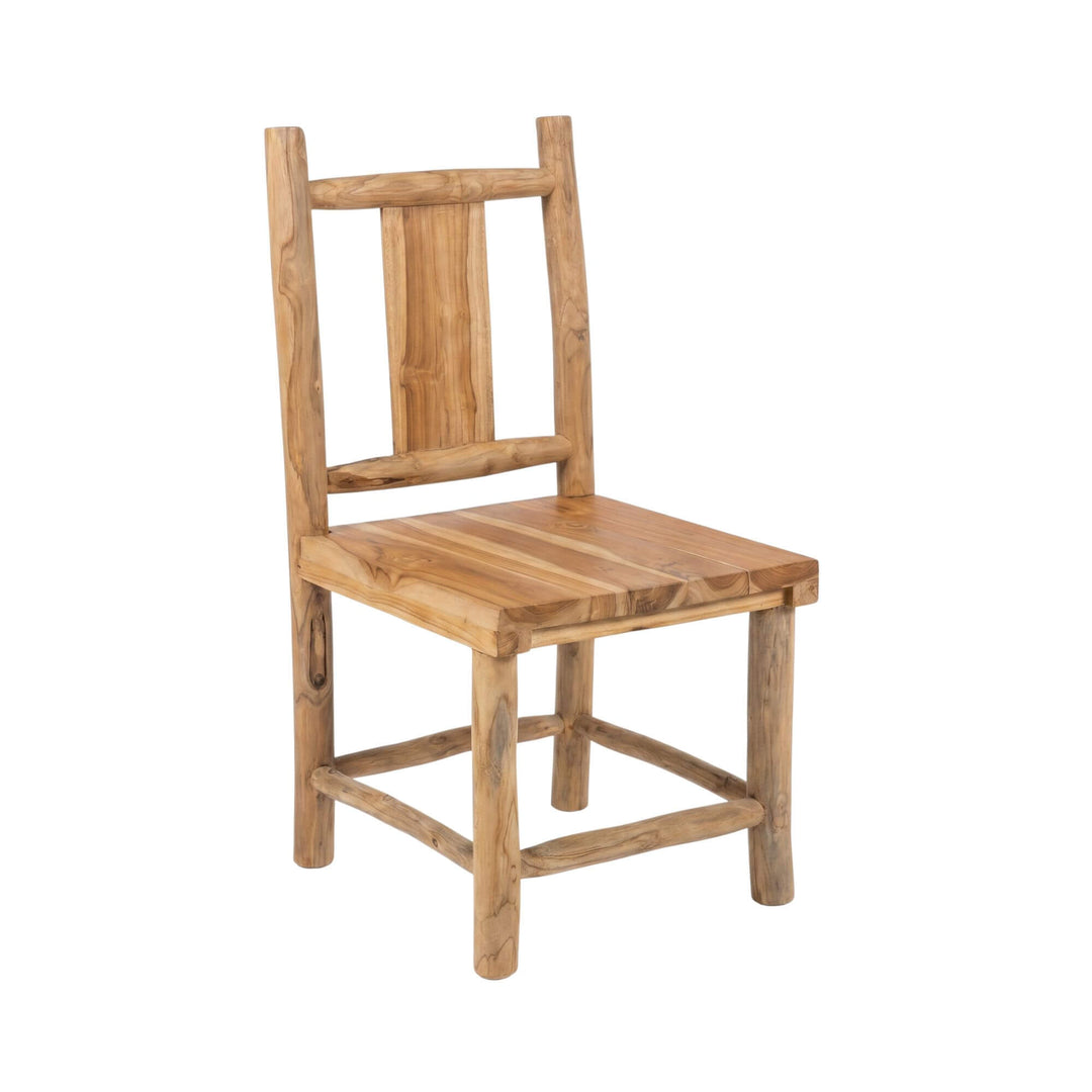Front view of the Tupai teak branch dining chair showing its solid wood structure and rustic natural finish.