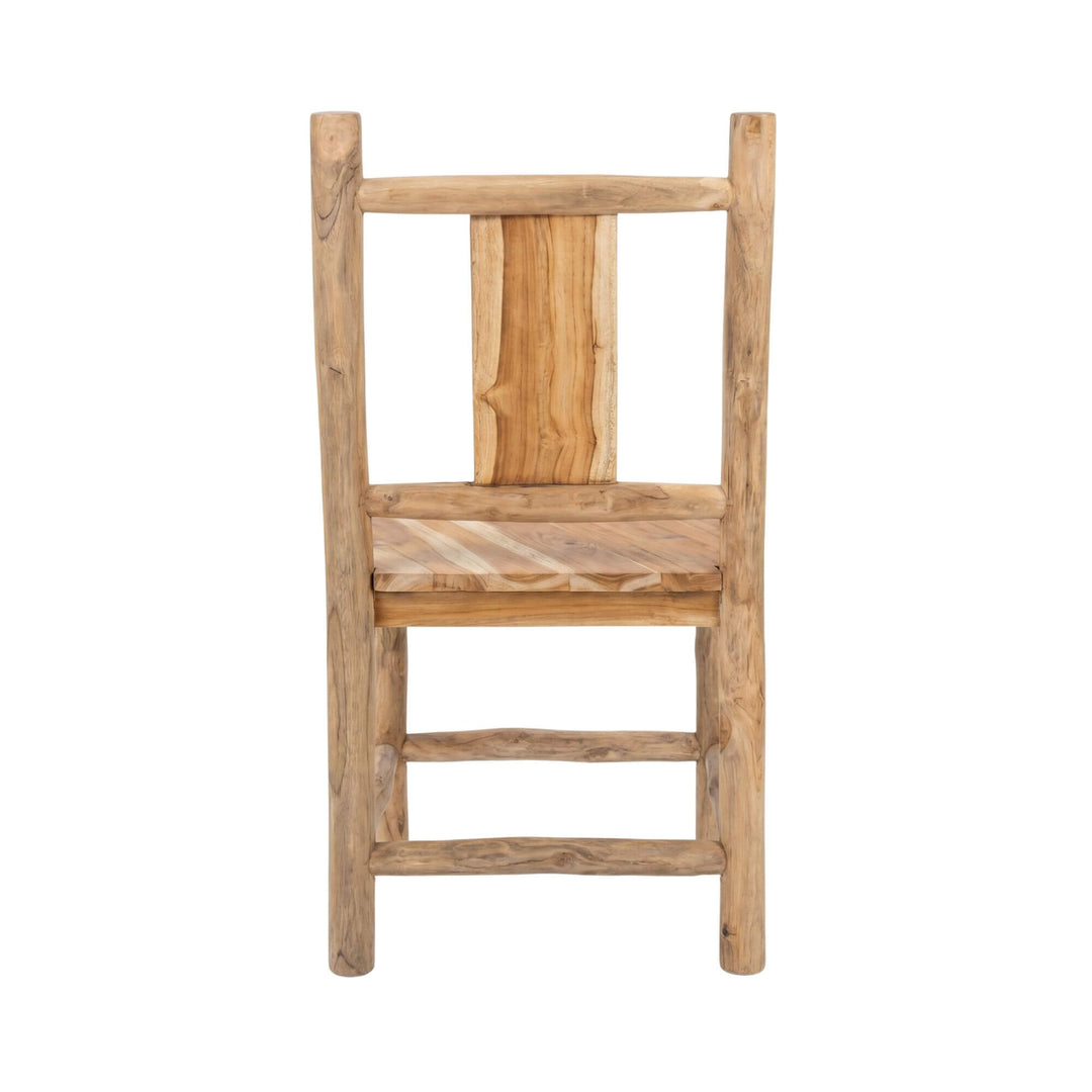 Rear view of the dining chair highlighting its simple handcrafted backrest and teak frame.