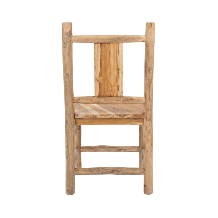 Rear view of the dining chair highlighting its simple handcrafted backrest and teak frame.