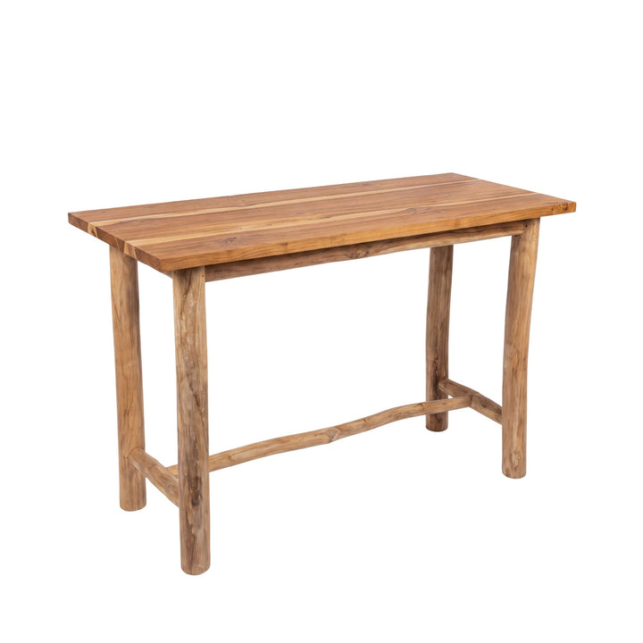 Front angled view of the Tupai console table with a solid teak top and organic teak branch legs