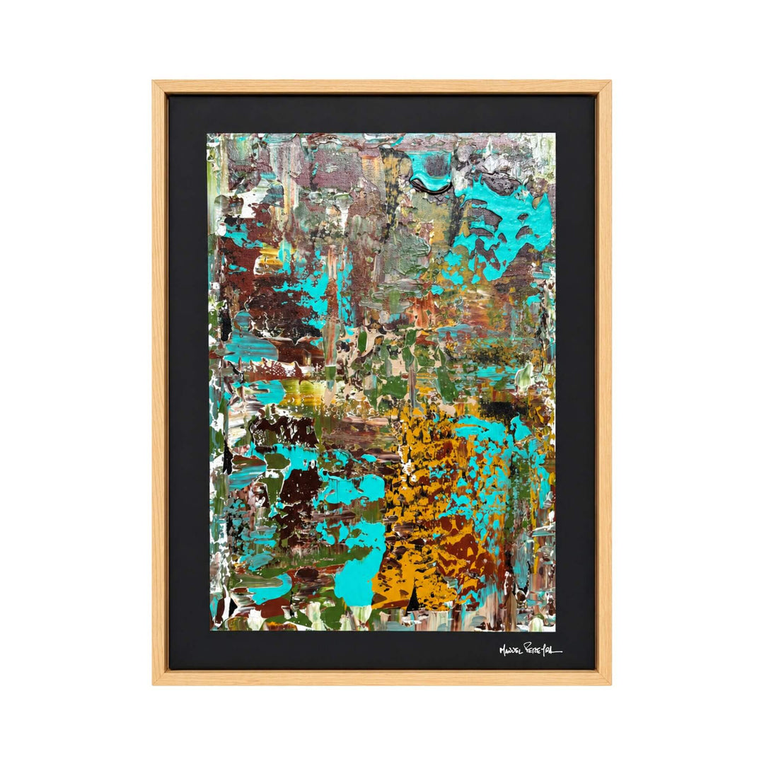 Front view of the Turquoise Earth original painting by Manuel Pereyra with layered turquoise, ochre, brown, green, and white abstract textures