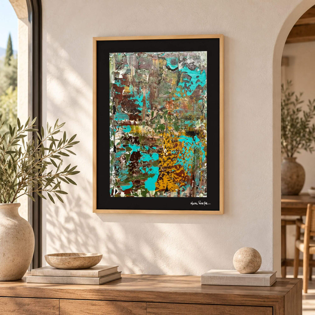 Turquoise Earth painting by Manuel Pereyra displayed above a wooden console in a warm Mediterranean-inspired interior

