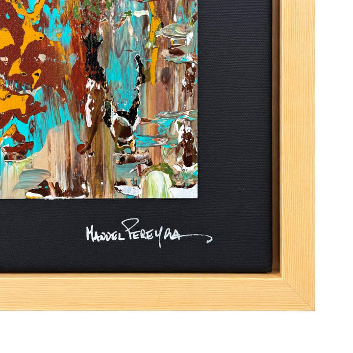 Close-up of the Turquoise Earth artwork showing its textured mixed-media surface, dark inner border, and artist signature