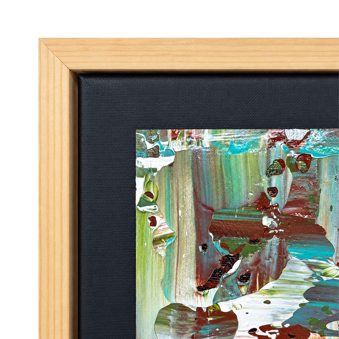 Close-up of the Turquoise Earth painting highlighting the layered turquoise, green, ochre, and earthy abstract brushwork