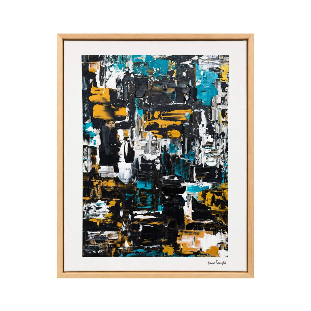 Front view of the Turquoise Noir original painting by Manuel Pereyra with layered turquoise, black, white, and ochre abstract textures
