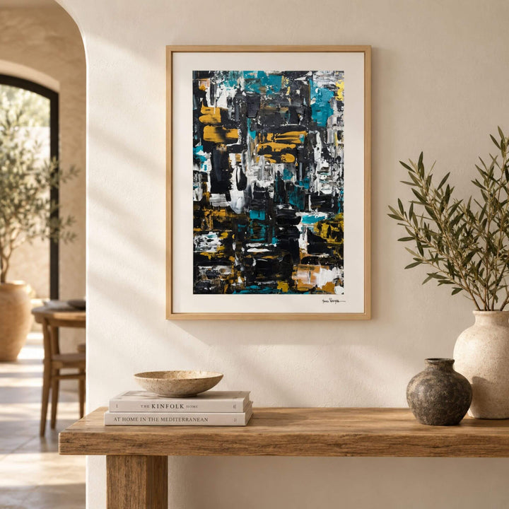 Turquoise Noir painting by Manuel Pereyra displayed above a wooden console in a warm contemporary interior