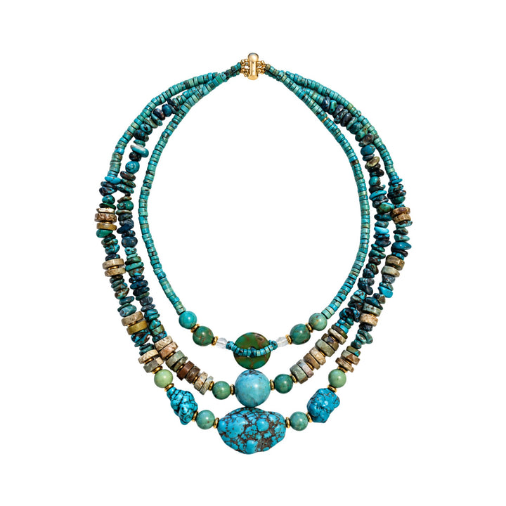 Front view of the Turquoise Nomad Necklace with layered natural turquoise strands