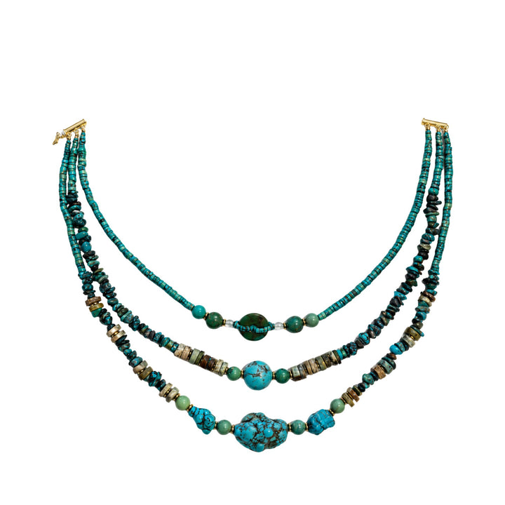 Full view of the Turquoise Nomad Necklace showing its three-strand handcrafted design