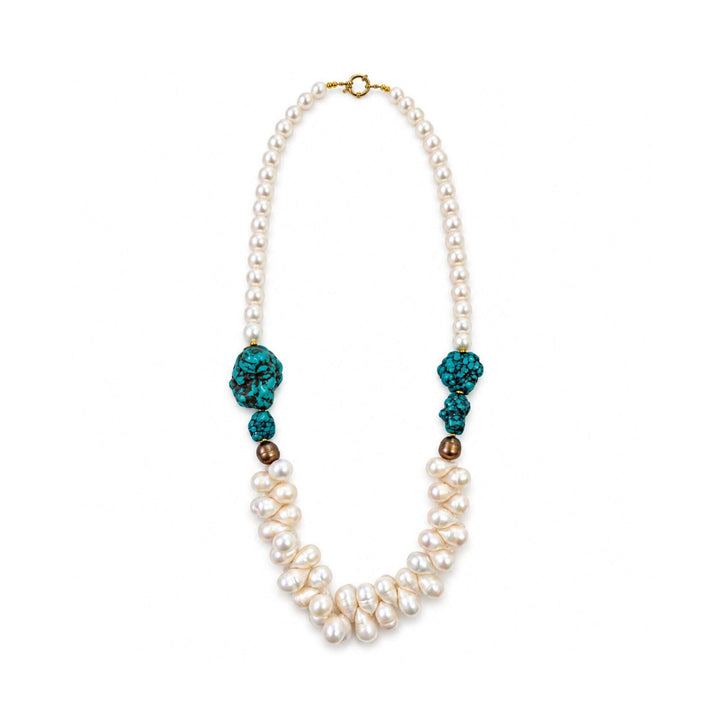 Front view of the Turquoise Pearl Drop Necklace with round pearls, drop-shaped pearls and turquoise