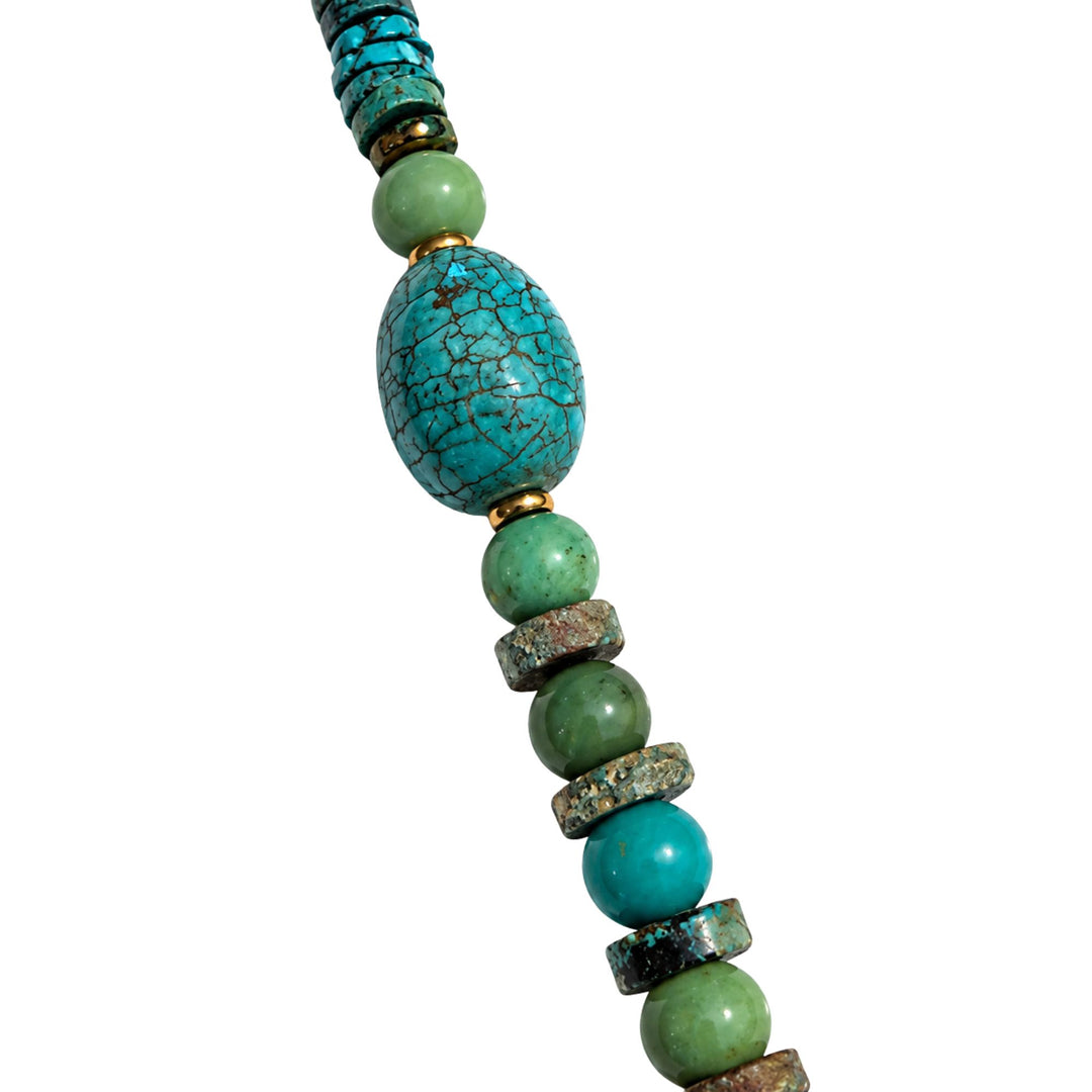 Close-up of natural turquoise beads and organic stone variations on the Turquoise Talisman Necklace