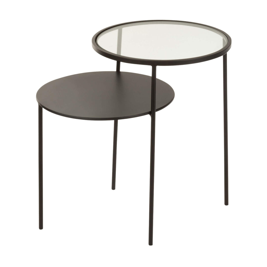 Front view of Twin Side Table with round glass top and black iron shelf