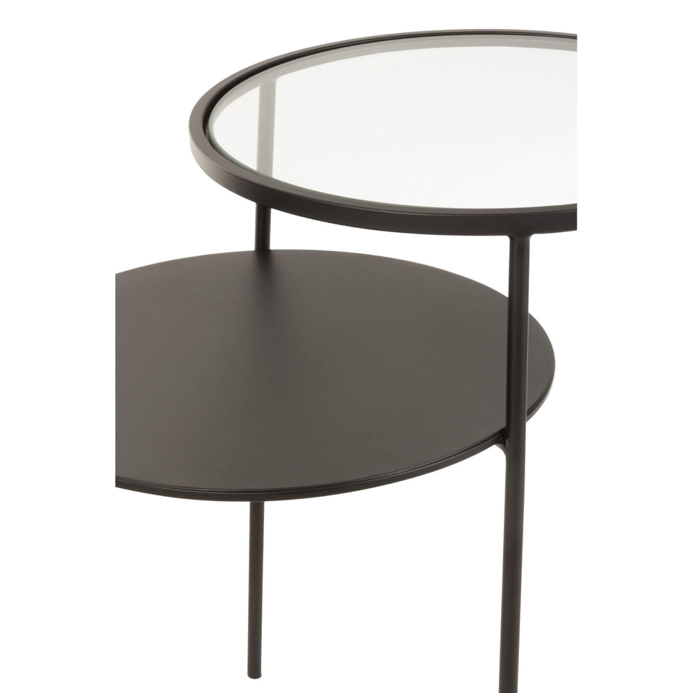 Angled view showing two-tier design of glass and iron side table