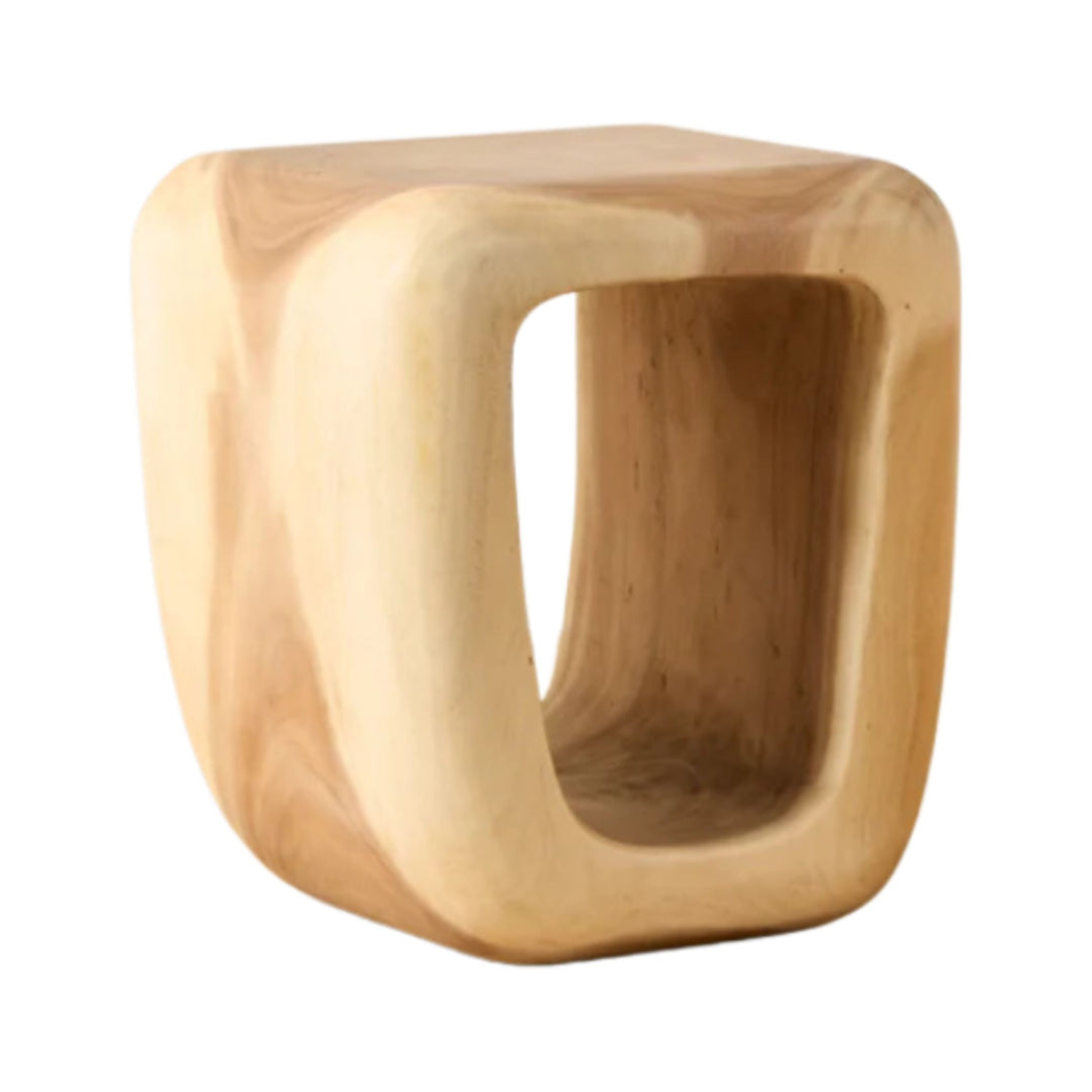 “Trembesi Bedside Table in solid suar wood with sculptural minimalist design, 40x35x47 cm.”