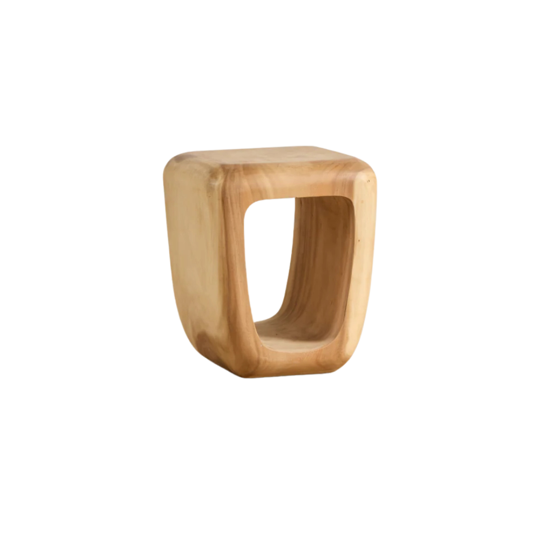 “Compact Trembesi Bedside Table in natural suar wood, modern and minimalist design.”
