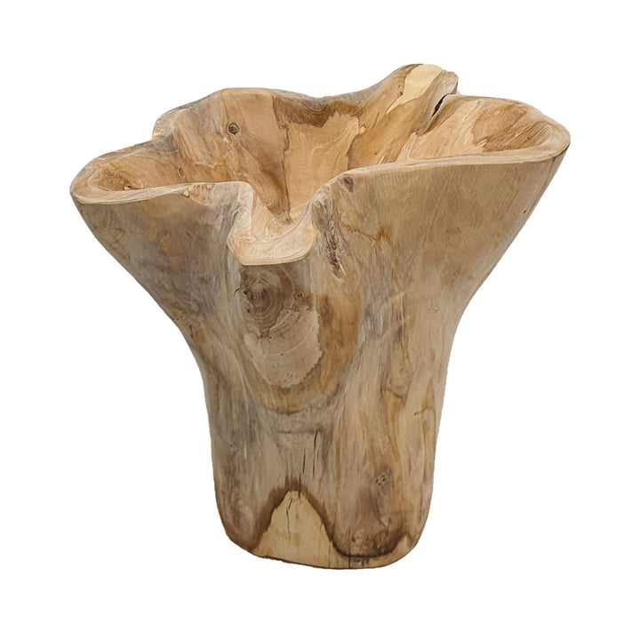 Front view of the Ukko teak bowl showcasing its organic sculptural shape.