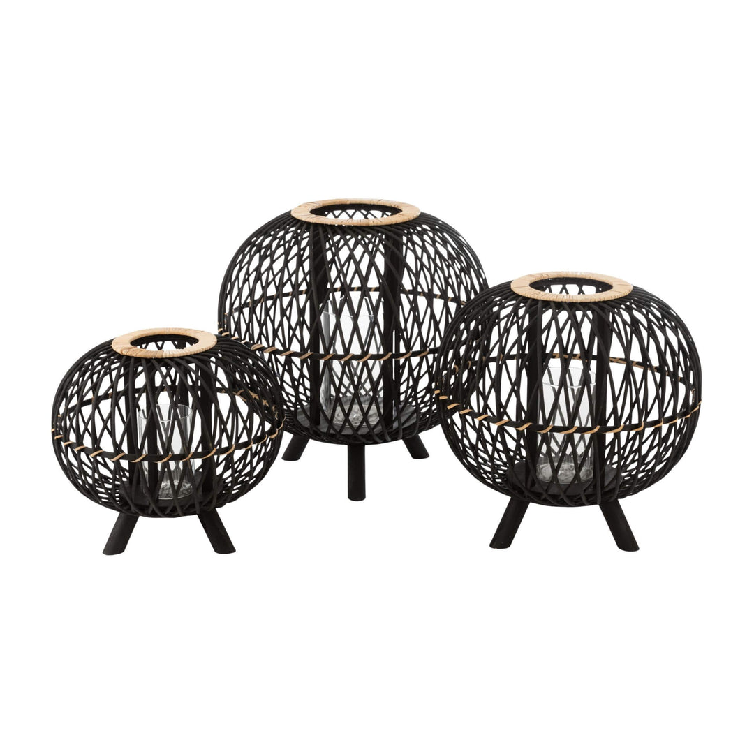 Set of three Ukulha bamboo lanterns with iron legs in different sizes