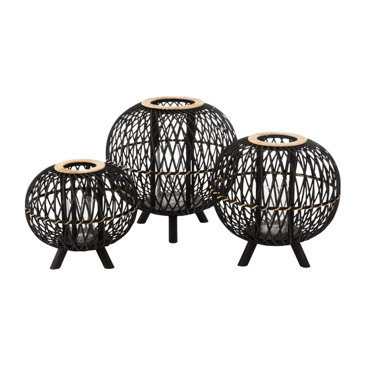 Set of three Ukulha bamboo lanterns with iron legs in different sizes