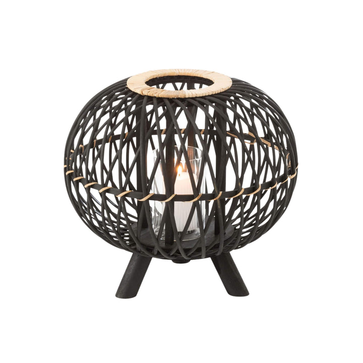 Lit Small Ukulha bamboo lantern with black bamboo weave