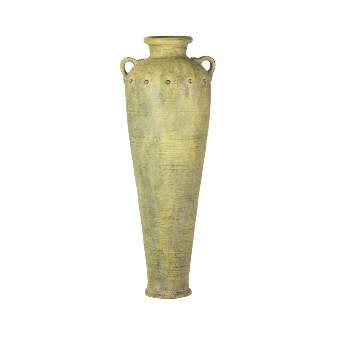 Front view of the Ulua terracotta vase showcasing its tall silhouette and aged green finish.