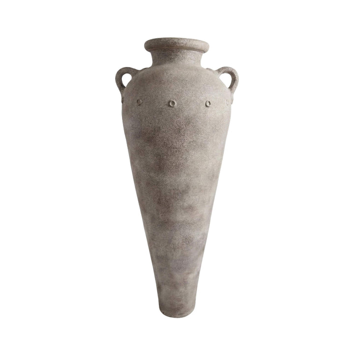 Front view of the Ulua terracota vase showing its tall amphora-inspired shape and aged textured finish.