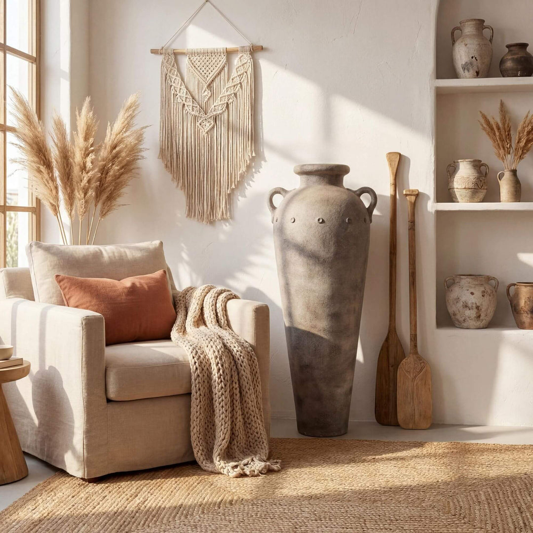 Styled interior setting featuring the Ulua vase as a floor decorative piece in a warm natural living space.