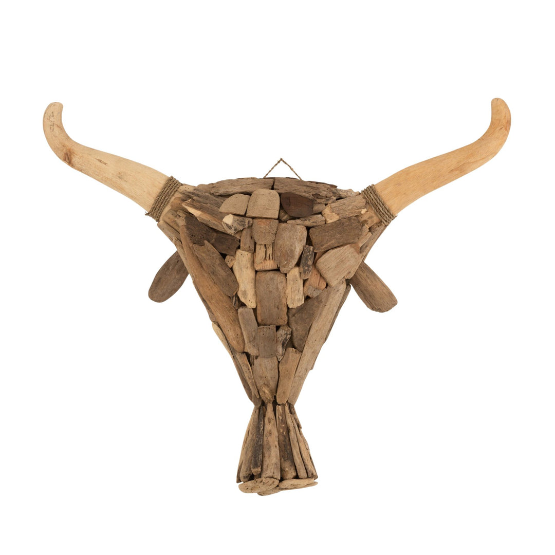 Front view of the Umawa bull stand handcrafted from reclaimed wood with natural horns.