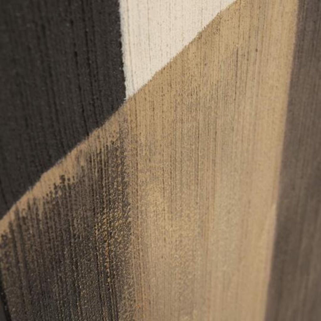 Close-up of the hand-painted abstract composition in umber, beige, black, and natural tones.