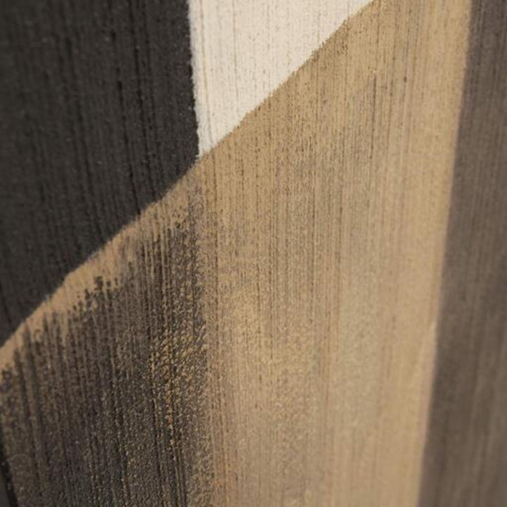 Close-up of the hand-painted abstract composition in umber, beige, black, and natural tones.