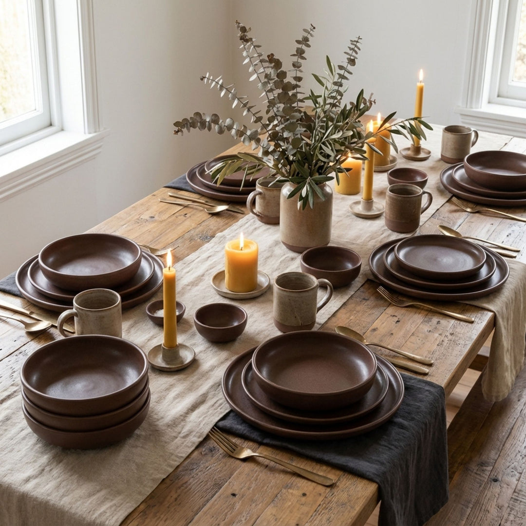 Uno Choco tableware styled on a dining table with candles and natural decor.