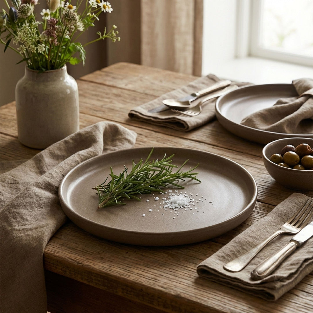 Uno Mineral plate styled on a dining table with natural textiles and wooden elements.