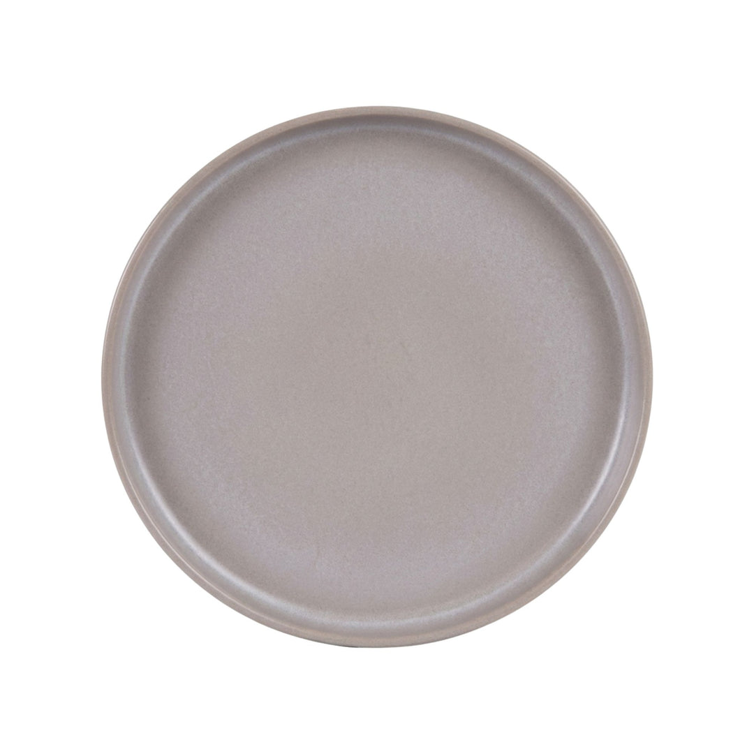 Front view of Uno Mineral ceramic plate with soft grey mineral finish on white background.