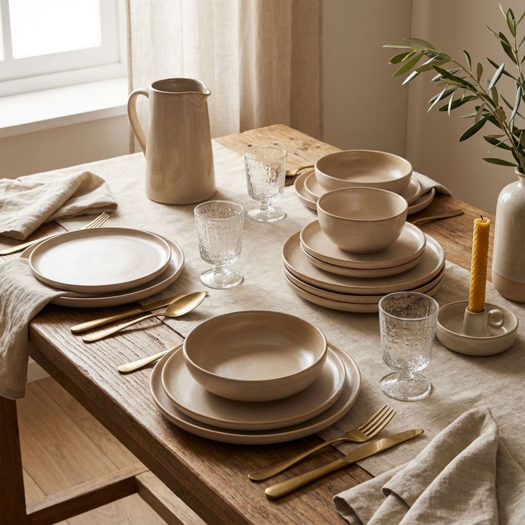 Uno Sand tableware styled on a dining table with neutral linens and natural light.