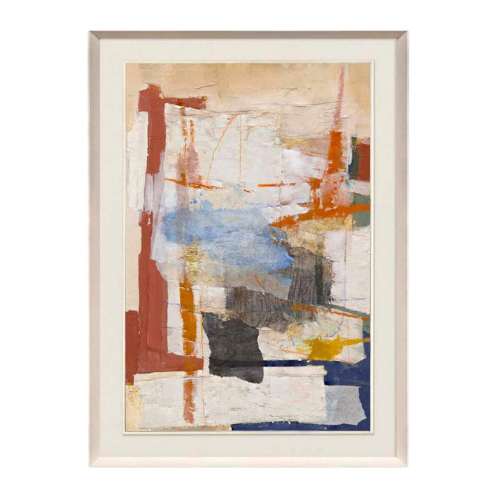 Urban Spirit Painting — large abstract artwork on canvas with expressive layers of rust, blue, yellow, and white, framed in beige wood.