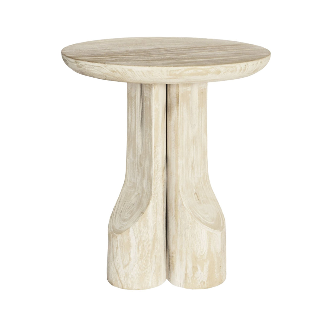 Front view of the Utila side table crafted from reclaimed wood with a sculptural pedestal base.