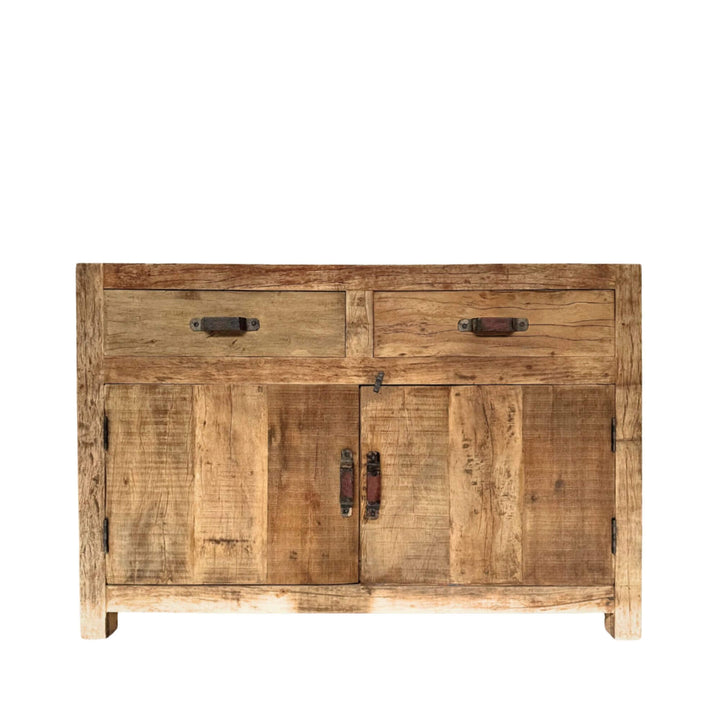 Front view of Uttar buffet showcasing its reclaimed wood texture and two-door design.