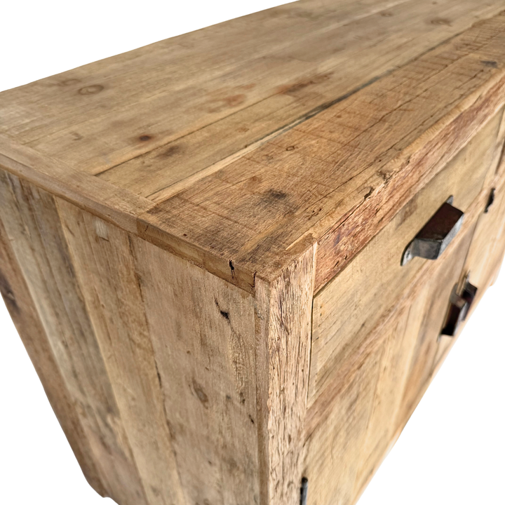 Close-up detail of reclaimed wood grain, natural marks, and aged finish.