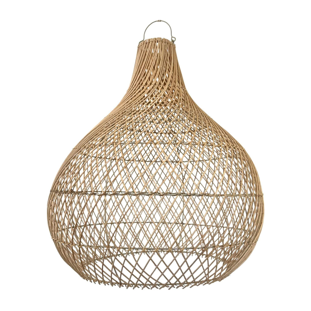 Front view of Veroy ceiling lamp in natural rattan teardrop shape.
