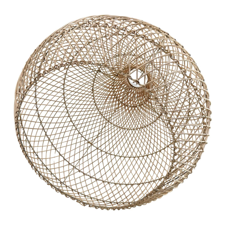 Bottom view showing open lattice weave of rattan pendant shade.