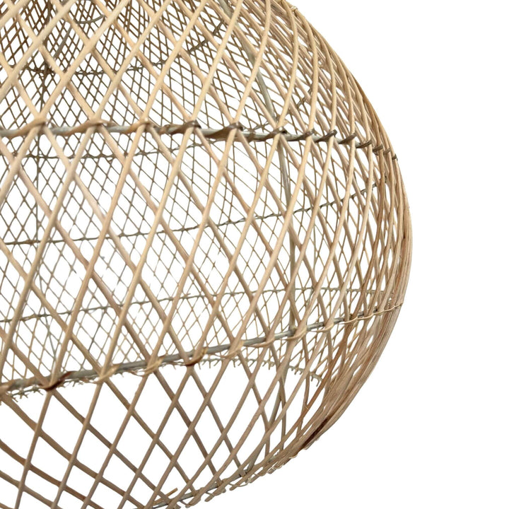 Side close-up of handwoven rattan pattern on Veroy ceiling lamp.