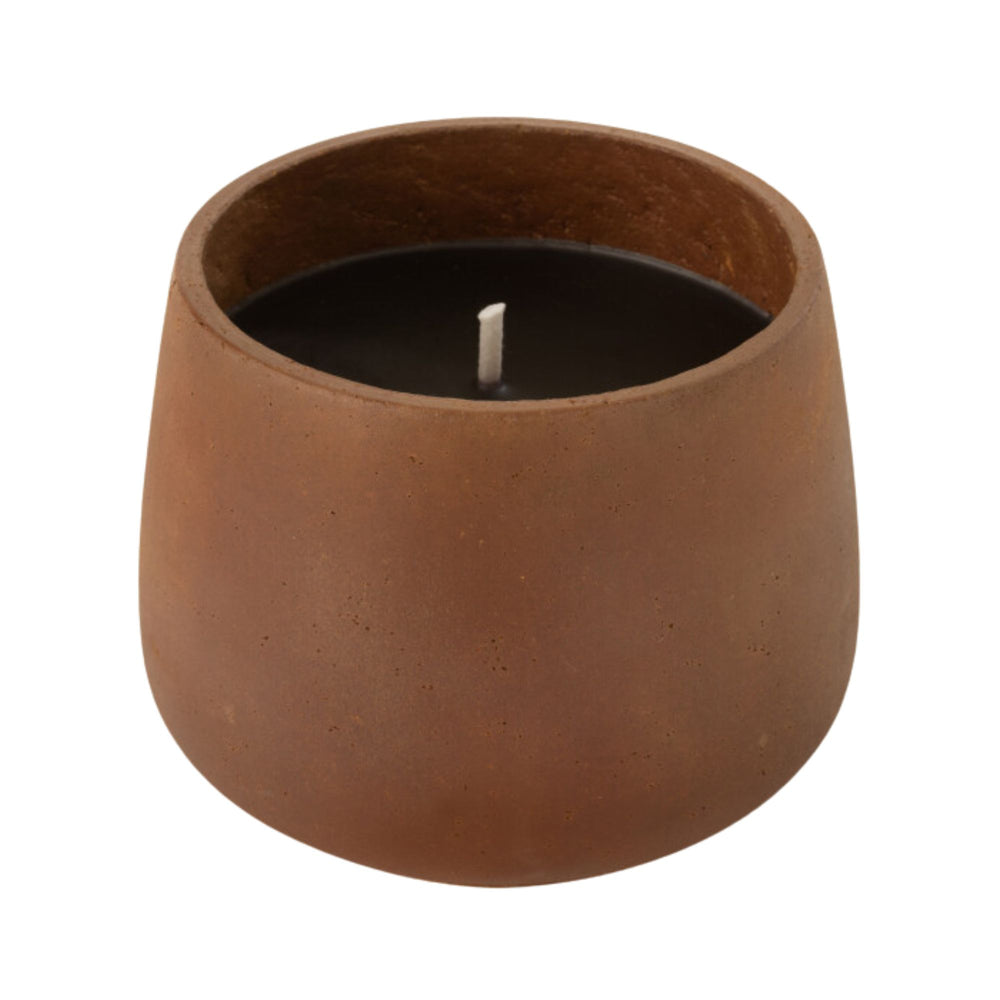 Front view of the Vamizi Brown Candle in a matte brown cement container.