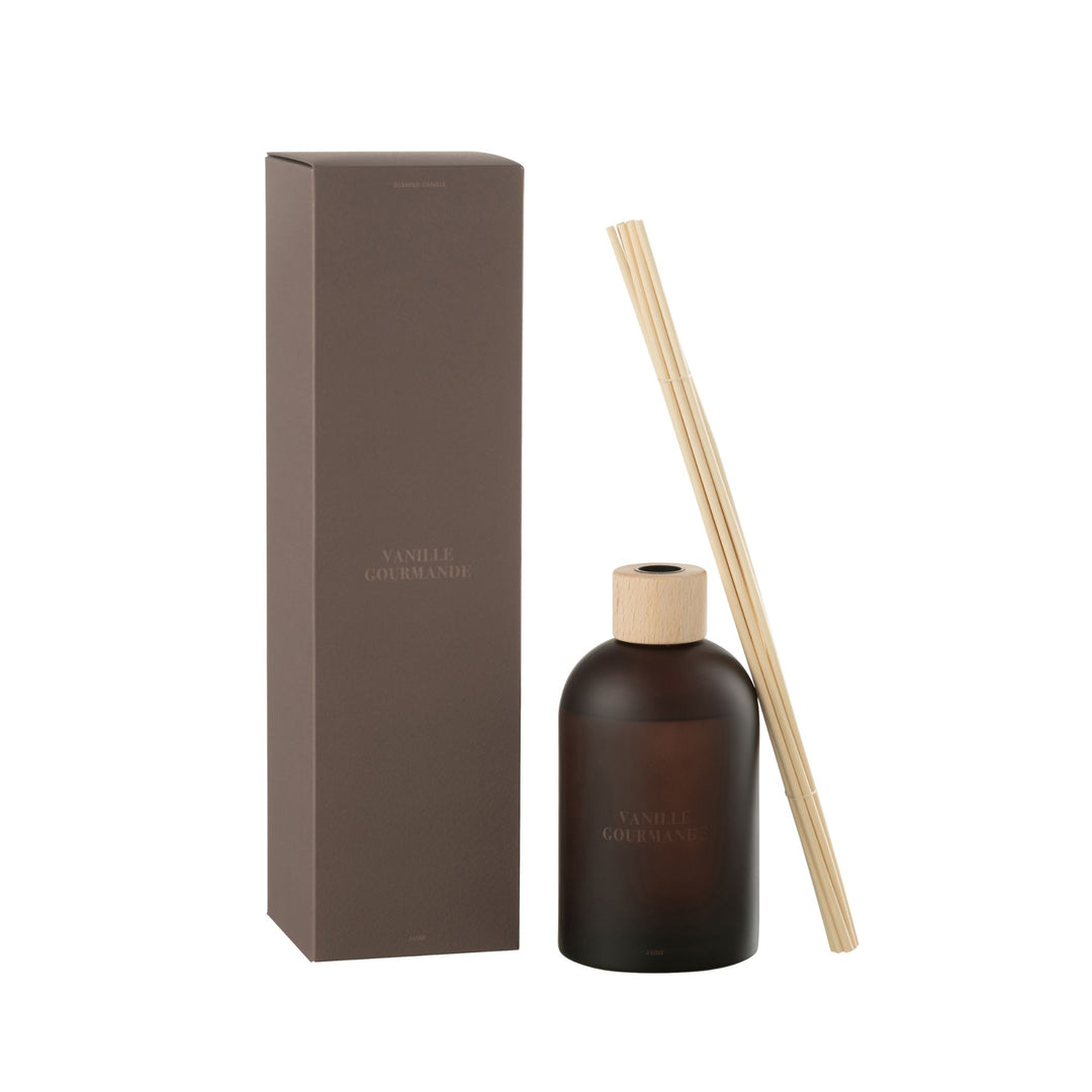 Front view of the Vanille Gourmande Diffuser with frosted brown glass bottle and reeds.