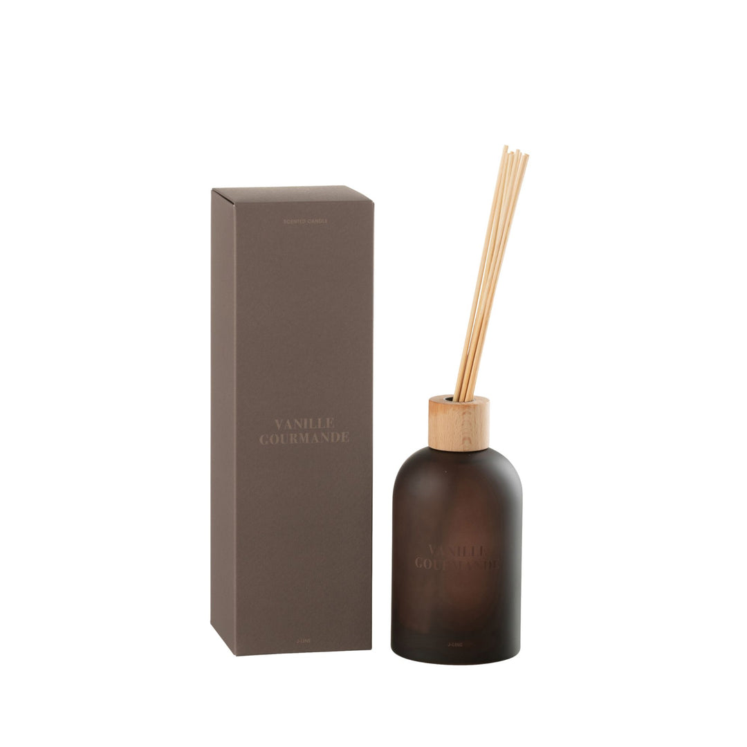 Front view of the Vanille Gourmande Diffuser with frosted brown glass bottle and reeds.