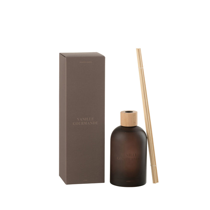 Front view of the Vanille Gourmande Diffuser with frosted brown glass bottle and reeds.