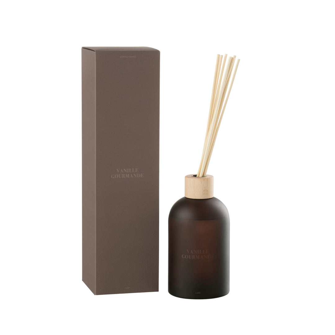 Front view of the Vanille Gourmande Diffuser with frosted brown glass bottle and reeds.