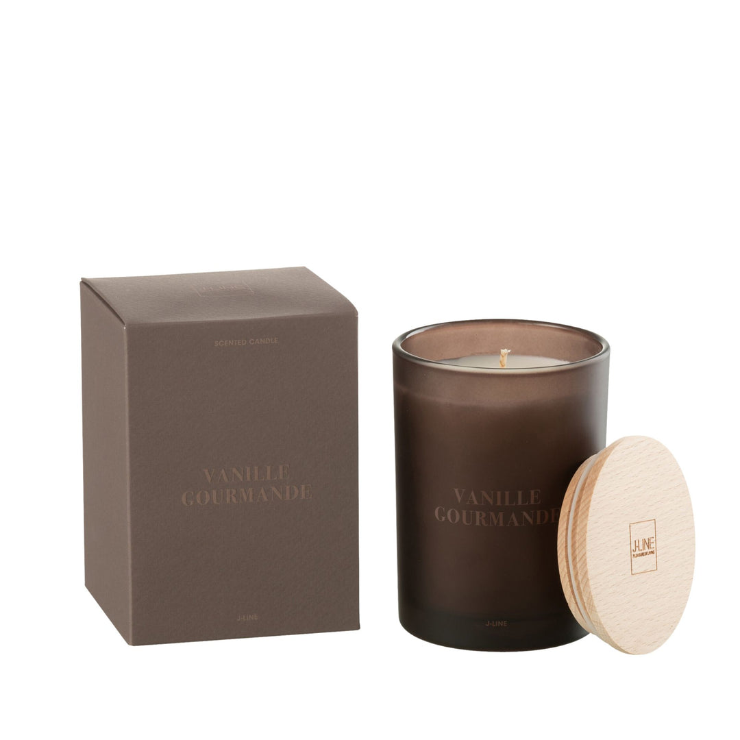 Front view of the Vanille Gourmande scented candle in dark amber glass with wooden lid.
