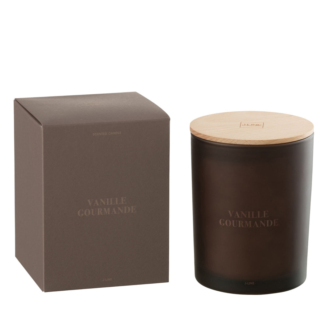 Front view of the Vanille Gourmande scented candle in dark amber glass with wooden lid.