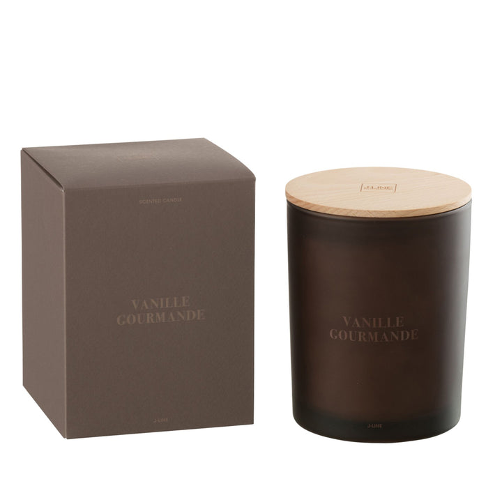 Front view of the Vanille Gourmande scented candle in dark amber glass with wooden lid.