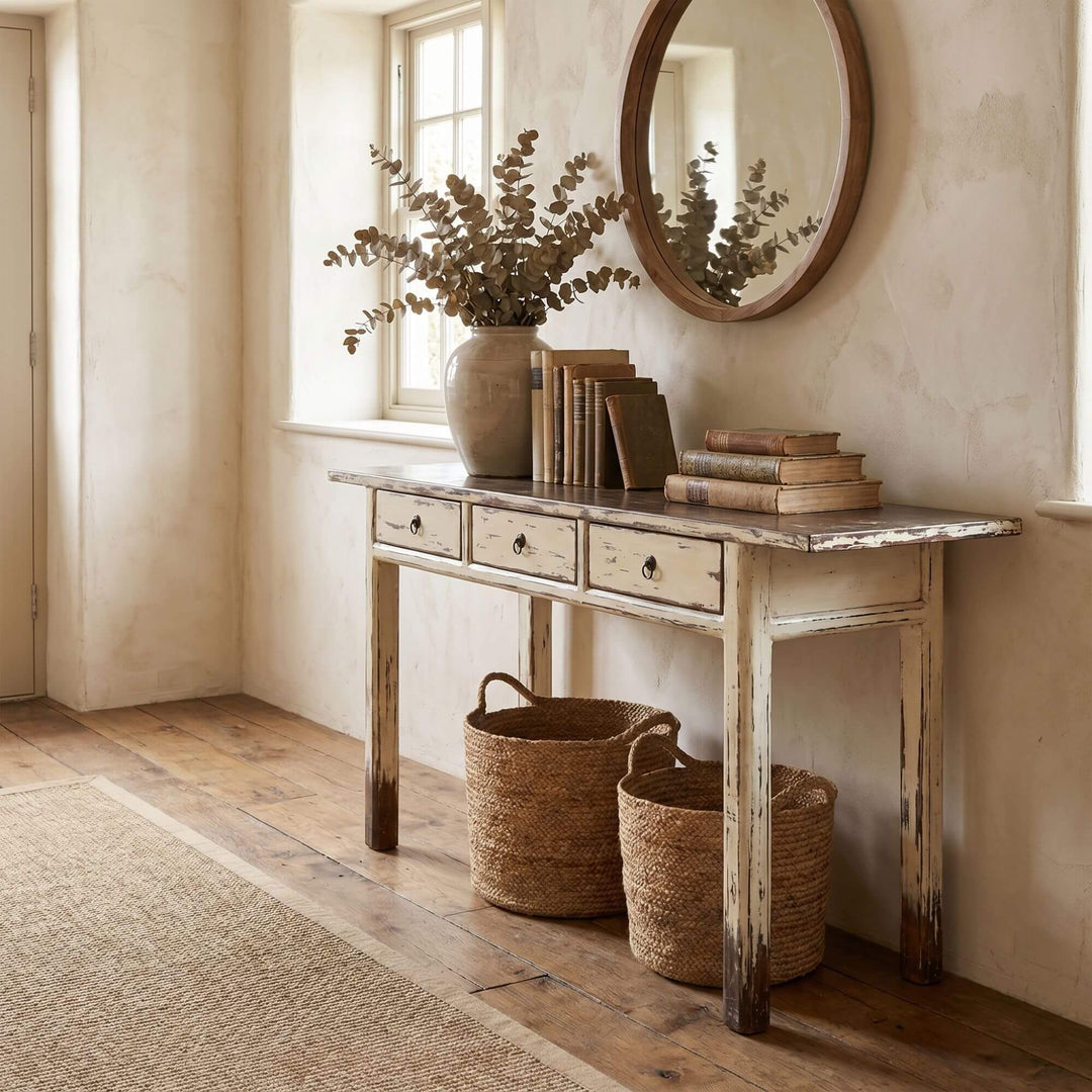 Styled interior setting featuring the Varadero console table beneath a round mirror in a warm rustic space.